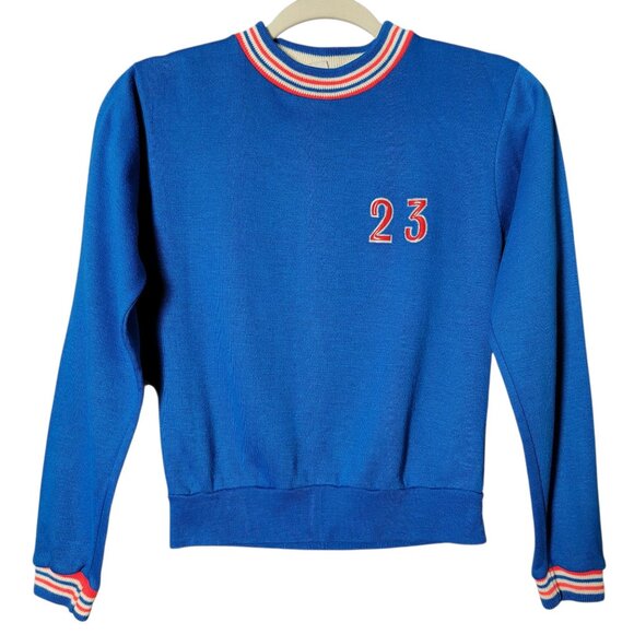 Vintage JCPenney Kids Boy Blue Striped Hems Crewneck Retro Varsity Sweater 14/16 - Picture 1 of 9